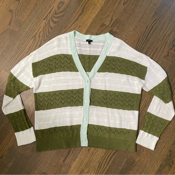 Talbots Green & White Mint Striped Cotton Linen Blend Cardigan Sweater - Picture 4 of 10